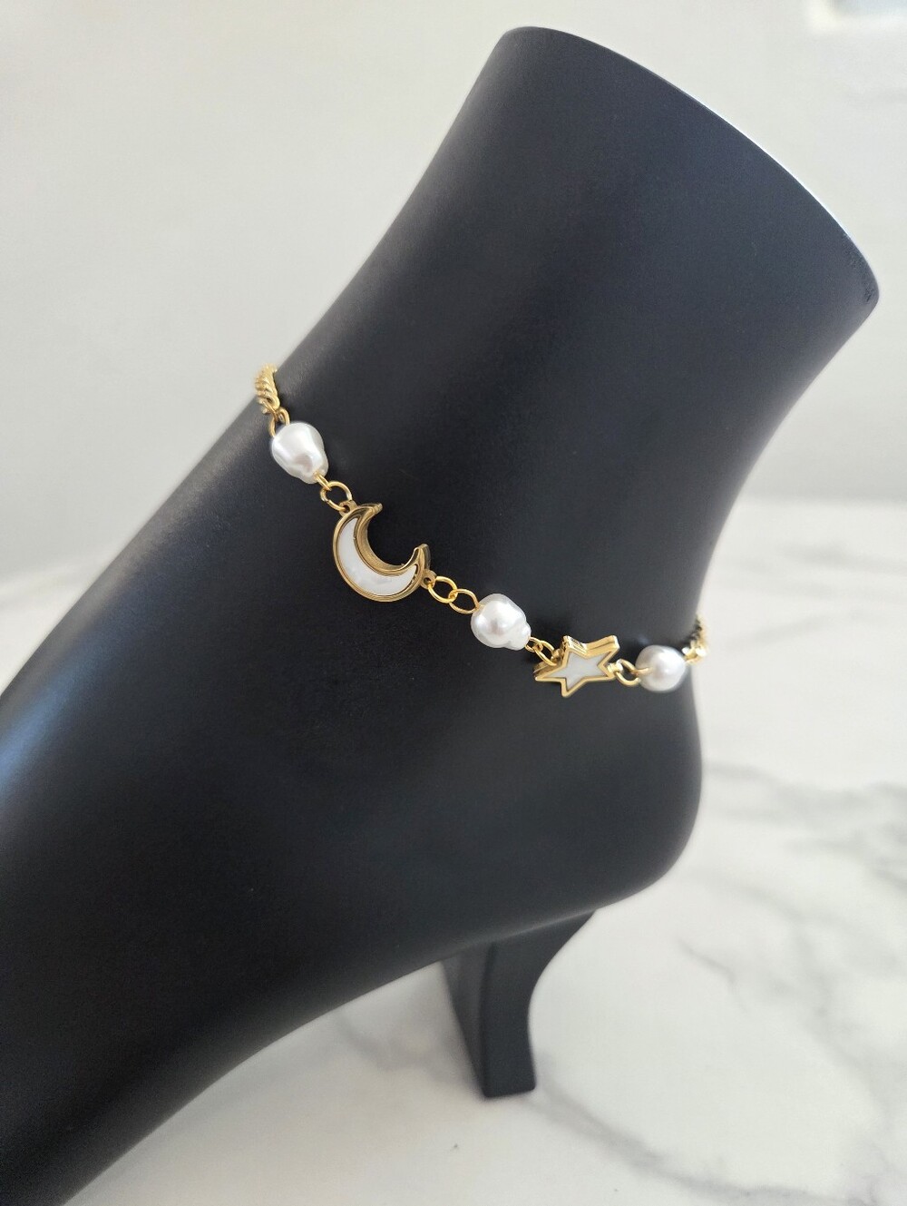 Gold Celestial Anklet Pearl Crescent Moon Star Charm Bracelet - Picture 3 of 16